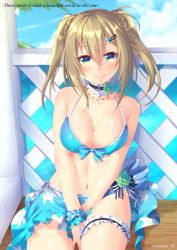 Rule 34 | 1girl, artist name, bare arms, bare shoulders, between legs, bikini, bikini top only, blonde hair, blue bikini, blue eyes, blue sky, breasts, bridal garter, cleavage, closed mouth, cloud, collar, collarbone, dandou, day, english text, floral print, flower, frills, front-tie top, hair flower, hair ornament, hairclip, hand between legs, jewelry, long hair, looking at viewer, medium breasts, multicolored eyes, navel, necklace, original, outdoors, polka dot, railing, ribbon, sarong, scrunchie, shiny skin, sitting, sky, smile, solo, swimsuit, twintails, twitter username, v arms, wooden floor, wrist scrunchie, yellow eyes