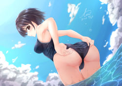 Rule 34 | 1girl, adjusting clothes, adjusting swimsuit, ass, blue reflection, blue reflection (series), one-piece swimsuit, school swimsuit, shirai hinako, swimsuit, water