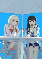 Rule 34 | 2girls, adjusting hair, black hair, blue background, blue shorts, bracelet, braid, camisole, chair, clenched teeth, collarbone, commentary request, crossed legs, eating, food, hair between eyes, hair ribbon, head rest, highres, inoue takina, jacket, jewelry, long hair, long sleeves, looking at viewer, lycoris recoil, midriff, multiple girls, nail polish, navel, necklace, nishikigi chisato, one side up, open clothes, open jacket, parasol, popsicle, puffy sleeves, purple eyes, red camisole, red eyes, red nails, red ribbon, ribbon, see-through, see-through veil, shade, shorts, simple background, single sidelock, sitting, smile, spaghetti strap, teeth, twin braids, umbrella, v, veil, watermelon bar, white jacket, yomo (moo 777 moo)