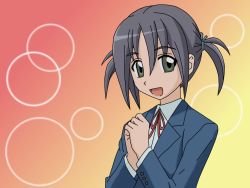 Rule 34 | 00s, 1girl, :d, black hair, bubble background, hair tie, hayate no gotoku!, neck ribbon, nishizawa ayumu, open mouth, own hands together, ribbon, school uniform, short twintails, smile, solo, twintails, upper body, vector trace