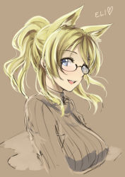 Rule 34 | 10s, 1girl, animal ears, ayase eli, bespectacled, blonde hair, blue eyes, breasts, fox ears, glasses, kemonomimi mode, large breasts, long hair, love live!, love live! school idol project, open mouth, pas (paxiti), ponytail, ribbed sweater, scrunchie, semi-rimless eyewear, solo, sweater, turtleneck, under-rim eyewear, upper body