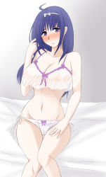 Rule 34 | 1girl, ahoge, bare shoulders, bed sheet, blue hair, blush, breasts, cameltoe, cleavage, collarbone, conception 2, curvy, embarrassed, hair between eyes, hand in own hair, hand on thigh, headband, highres, large breasts, lingerie, long hair, looking at viewer, narika (conception 2), navel, nipples, open mouth, parted lips, purple eyes, ribbon, see-through, simple background, sitting, solo, thighs, tridisart, underwear, wide hips