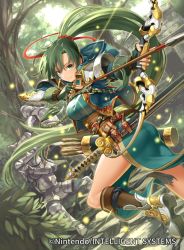Rule 34 | 1girl, armor, armored boots, arrow (projectile), boots, bow (weapon), breasts, brown socks, day, dress, dutch angle, fingerless gloves, fire emblem, fire emblem: the blazing blade, floating hair, forest, from behind, gloves, green dress, green eyes, green gloves, green hair, hair between eyes, hair ornament, hair ribbon, helmet, holding, holding arrow, holding bow (weapon), holding weapon, i-la, kneehighs, leg up, long hair, looking at viewer, lyn (fire emblem), medium breasts, nature, nintendo, outdoors, pants, ponytail, red ribbon, ribbon, smile, socks, very long hair, weapon