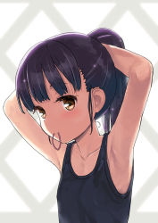 Rule 34 | 1girl, adjusting hair, armpits, arms behind head, arms up, bare arms, bare shoulders, black hair, blush, brown eyes, collarbone, flat chest, hair tie, hair tie in mouth, hairdressing, hands in hair, jiji (aardvark), long hair, looking at viewer, mouth hold, original, ponytail, ribbon, ribbon in mouth, simple background, sleeveless, smile, solo, tying hair, upper body, white background