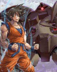 Rule 34 | 1boy, amania orz, black eyes, black hair, clenched hands, cloud, cloudy sky, crossover, dated, dragon ball, dragonball z, from side, gogg, gundam, highres, lightning, looking down, mecha, mobile suit gundam, muscular, one-eyed, red eyes, robot, saiyan, sky, son goku, trait connection, twitter username, zeon