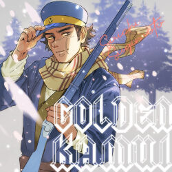 Rule 34 | 1boy, character name, copyright name, day, golden kamuy, gun, hat, highres, holding, holding gun, holding weapon, imperial japanese army, kepi, long sleeves, male focus, military hat, outdoors, sazanami mikoto, scar, scar on face, scar on mouth, scar on nose, scarf, short hair, sideburns, snowing, sugimoto saichi, weapon, yellow scarf