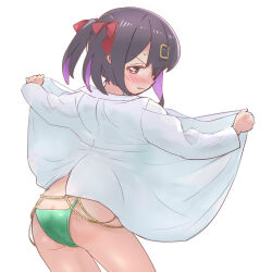 Rule 34 | 1girl, ass, bikini, bikini under clothes, black hair, blush, brown eyes, coat, colored inner hair, commentary, embarrassed, from behind, green bikini, hair ornament, hair ribbon, hairclip, kyarahiba, lab coat, long sleeves, looking at viewer, looking back, medium hair, multicolored hair, onii-chan wa oshimai!, open clothes, open coat, oyama mihari, purple hair, red ribbon, ribbon, simple background, solo, swimsuit, twintails, two-tone hair, white background
