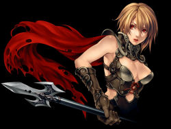 Rule 34 | 1girl, armor, armpits, blonde hair, breasts, brown hair, cape, cleavage, cleavage cutout, clothing cutout, corset, elbow gloves, fantasy, fighting stance, gloves, hair between eyes, large breasts, lips, lipstick, looking away, magic lancer (red stone), makeup, midriff, official art, open mouth, polearm, red eyes, red stone, short hair, simple background, solo, spear, torn cape, torn clothes, turtleneck, upper body, weapon, yuki hayabusa