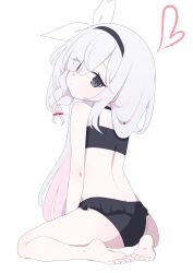 Rule 34 | 1girl, absurdres, bare arms, bare legs, bare shoulders, barefoot, bikini, black bikini, black choker, black eyes, black hairband, blue archive, choker, closed mouth, colored inner hair, grey hair, hagoonha, hairband, halo, heart, heart halo, highres, long hair, looking at viewer, multicolored hair, pink hair, plana (blue archive), simple background, sitting, solo, swimsuit, white background