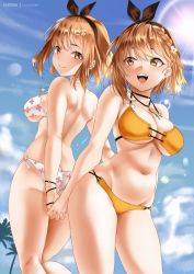 Rule 34 | 2girls, ass, atelier (series), atelier ryza, atelier ryza 2, back, bare shoulders, bikini, black ribbon, blue sky, blush, braid, breasts, brown eyes, brown hair, cleavage, closed mouth, collarbone, day, dual persona, earrings, hair ornament, hairclip, hat, holding hands, interlocked fingers, jewelry, large breasts, looking at viewer, looking to the side, multiple girls, navel, necklace, open mouth, reisalin stout, ribbon, short hair, side braid, sky, smile, swimsuit, thighs, white bikini, yellow bikini, zasshu