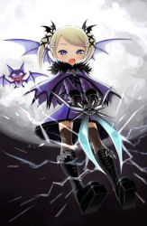 Rule 34 | 1girl, bat (animal), bat wings, black footwear, black gloves, black wings, blonde hair, blue eyes, boots, capelet, casper (deathsmiles), cross-laced footwear, deathsmiles, dress, emblem, familiar, flying, full body, gloves, gothic lolita, hair ornament, highres, hiro1984, holding, holding weapon, knee boots, lace, lace-trimmed dress, lace-up boots, lace trim, lightning, lolita fashion, long sleeves, looking at viewer, moon, open mouth, oversized object, purple capelet, purple dress, scissors, short dress, short hair, skull, solo, swept bangs, thighhighs, twintails, weapon, wings, x hair ornament