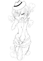 Rule 34 | 1girl, absurdres, amaoto (mizutamariaka), between legs, blush, breasts, breath, cropped legs, crying, embarrassed, closed eyes, fang, female focus, greyscale, hand between legs, hand on own face, hand up, hat, have to pee, highres, long sleeves, monochrome, open mouth, original, peeing, peeing self, short shorts, shorts, simple background, small breasts, solo, standing, steam, sweat, sweater, tears, trembling, wet, wet clothes, white background