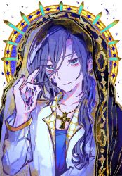 Rule 34 | 1boy, bishounen, blue eyes, blue hair, blue shirt, closed mouth, cross, cross necklace, dirty, dirty face, earrings, gold trim, hair between eyes, halo, hand up, highres, indie utaite, jacket, jewelry, kiato, lin (utaite), long hair, long sleeves, looking at viewer, male focus, nail polish, necklace, shirt, solo, upper body, utaite, veil, white jacket