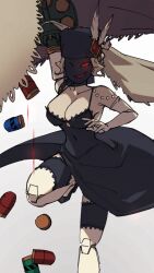 Rule 34 | 1girl, arm cannon, black dahlia, blank eyes, breasts, cape, cleavage, covered navel, cyborg, dress, elbow gloves, gloves, grenade launcher, grey background, highres, large breasts, mask, red eyes, skullgirls, smile, solo, veil, weapon, xue jiang (simoncry)