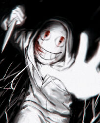 Rule 34 | 1boy, aiming, aiming at viewer, c2h4 (1849155751), covering face, dead by daylight, film grain, greyscale, highres, holding, holding knife, hood, hoodie, horror (theme), knife, leaning forward, looking at viewer, male focus, mask, monochrome, reaching, reaching towards viewer, running, simple background, solo, the legion (dead by daylight), upper body
