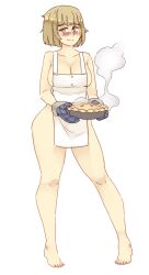 Rule 34 | 1girl, apron, blush, breasts, cleavage, closed mouth, dungeon meshi, falin touden, falin touden (tallman), food, full body, holding, holding clothes, holding footwear, looking at viewer, medium breasts, naked apron, oven mitts, pie, rtil, short hair, simple background, smile, solo, white apron, white background