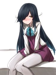 Rule 34 | 1girl, absurdres, black hair, blush, bow, bowtie, brown eyes, commentary request, dress, grey pantyhose, hair over one eye, hair ribbon, halterneck, hayashimo (kancolle), highres, hime cut, kamaboko senshi, kantai collection, long hair, looking at viewer, nose blush, pantyhose, pleated dress, purple dress, ribbon, school uniform, seamed legwear, shirt, side-seamed legwear, simple background, sitting, solo, very long hair, white background, white shirt