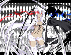 Rule 34 | 10s, 2girls, alternate color, alternate hair color, argyle, argyle background, argyle clothes, ass, bikini, bikini top only, black hair, black rock shooter, black rock shooter (character), black vs white, boots, butt crack, colored skin, daive, dark-skinned female, dark skin, dimples of venus, dual persona, glowing, glowing eyes, long hair, midriff, multiple girls, navel, pale skin, red eyes, scar, shorts, swimsuit, sword, thigh boots, thighhighs, twintails, very long hair, weapon, white hair, white rock shooter, white skin