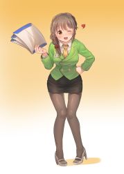 Rule 34 | 1girl, ;d, absurdres, black pantyhose, black skirt, blush, braid, breasts, brown eyes, brown hair, buttons, collared shirt, crown braid, double-breasted, envelope, full body, gradient background, green jacket, hair over shoulder, hand on own hip, heart, high heels, highres, idolmaster, idolmaster cinderella girls, jacket, kamille (vcx68), large breasts, leaning forward, long hair, long sleeves, looking at viewer, nail polish, name tag, necktie, office lady, one eye closed, open mouth, pantyhose, pencil skirt, pigeon-toed, pumps, scrunchie, senkawa chihiro, shirt, single braid, skirt, smile, solo, standing, thigh gap, yellow background, yellow nails, yellow necktie