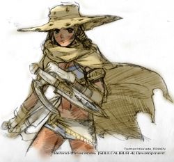 Rule 34 | 1girl, alternate costume, bladed tonfa, cape, concept art, cowboy hat, cowboy western, dual wielding, hat, holding, kawano takuji, midriff, miniskirt, namco, official art, short shorts, shorts, skirt, solo, soul calibur, soulcalibur, soulcalibur iv, strapless, talim, tonfa, torn clothes, torn hat, tube top, twintails, weapon