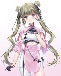 Rule 34 | 1girl, black gloves, black ribbon, blue eyes, blunt bangs, blush, breasts, brown hair, commentary request, double bun, dress, frilled dress, frills, gloves, gradient background, grin, hair bun, hair ribbon, half gloves, hanabusa lisa, hand up, highres, index finger raised, long hair, long sleeves, pink background, pink dress, ribbon, shiao, small breasts, smile, solo, standing, twintails, very long hair, virtual youtuber, vspo!, white background