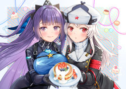 Rule 34 | 1girl, 2girls, akasaka asa, ash arms, blush, breasts, cake, commentary request, food, fruit, gloves, hair ornament, hat, highres, kv-1 (ash arms), looking at viewer, military, military uniform, multiple girls, pancake, plate, purple eyes, purple hair, red eyes, silver hair, uniform