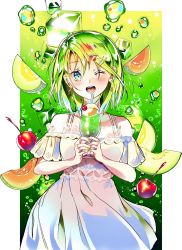 Rule 34 | 1girl, absurdres, bare shoulders, cherry, cherry hair ornament, cup, dress, drink, drinking straw, earrings, food, food-themed hair ornament, fruit, green hair, hair ornament, highres, holding, holding cup, jewelry, medium hair, melon, melon soda, multicolored nails, nail polish, okutani toro, one eye closed, open mouth, original, short sleeves, smile, solo, symbol-only commentary, white dress