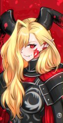 Rule 34 | 1girl, armor, black armor, black horns, blonde hair, dragon horns, facial mark, fate/grand order, fate (series), hair over one eye, highres, horns, long hair, looking at viewer, nero claudius (fate), nero claudius (fate) (all), petals, pointy ears, queen draco (fate), queen draco (third ascension) (fate), red background, red eyes, rose petals, shinsaku (stan-art), shoulder plates, smile, solo, upper body, wavy hair