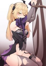 Rule 34 | 1girl, absurdres, armpits, arms up, bare shoulders, bdsm, bit gag, black dress, blonde hair, bodysuit, breasts, detached sleeves, dress, eyepatch, fischl (genshin impact), gag, garter straps, genshin impact, gloves, gradient background, green eyes, grey legwear, hair ornament, hair over one eye, highres, k0ng, long hair, long sleeves, looking at viewer, no panties, restrained, single glove, sitting, small breasts, solo, sweat, torn bodysuit, torn clothes, torn legwear, two side up, white background