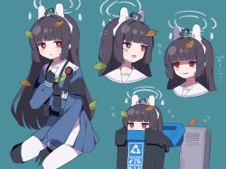 Rule 34 | 1girl, absurdres, animal ear headphones, animal ears, binoculars, black hair, blue archive, blue background, blush, commentary request, depressed, fake animal ears, gloves, halo, headphones, highres, hime cut, leaf, long hair, looking at viewer, miyu (blue archive), open mouth, red eyes, school uniform, simple background, solo, trash can, uhouhogorigori
