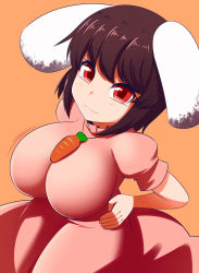 Rule 34 | 1girl, animal ears, black hair, breasts, carrot necklace, dress, floppy ears, frilled dress, frilled sleeves, frills, gero zoukin, highres, inaba tewi, jewelry, large breasts, necklace, pendant, pink dress, puffy short sleeves, puffy sleeves, rabbit, rabbit ears, rabbit girl, red eyes, ribbon-trimmed dress, short hair, short sleeves, solo, touhou, wavy hair