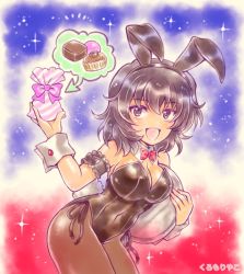 Rule 34 | 1girl, :d, alternate costume, andou (girls und panzer), animal ears, armband, bag, black eyes, black hair, black leotard, black pantyhose, blue background, bow, bowtie, breasts, candy, cleavage, collar, commentary, dark-skinned female, dark skin, detached collar, fake animal ears, fake tail, food, frilled armband, frills, girls und panzer, heart, holding, holding bag, holding tray, kuromori yako, leaning forward, leotard, looking at viewer, medium breasts, medium hair, messy hair, multicolored background, notice lines, open mouth, pantyhose, playboy bunny, rabbit ears, rabbit tail, red background, red bow, red bowtie, side-tie leotard, smile, solo, sparkle, standing, strapless, strapless leotard, tail, textless version, tray, white collar, wrist cuffs