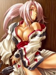 Rule 34 | 1girl, amputee, arc system works, baiken, bare shoulders, breasts, cleavage, guilty gear, hair in own mouth, japanese clothes, kagehara hanzou, katana, large breasts, one-eyed, pink hair, ponytail, scar, scar across eye, scar on face, solo, sword, tattoo, weapon