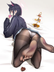 Rule 34 | 1girl, absurdres, animal ears, ass, black hair, blue archive, candy, chocolate, chocolate heart, feet, food, heart, highres, kazusa (blue archive), looking at viewer, looking back, macaron, mato kuroi, medium hair, open mouth, panties, panties under pantyhose, pantyhose, red eyes, soles, sweets, toes, underwear
