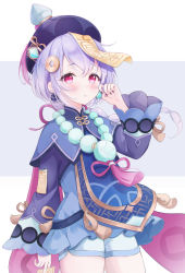 Rule 34 | 1girl, absurdres, beads, between fingers, blue dress, blue hat, blush, braid, braided ponytail, capelet, cowboy shot, dress, earrings, genshin impact, gold trim, grey background, hair between eyes, hair ornament, hat, highres, holding, jewelry, jiangshi, lebring, light purple hair, long sleeves, looking at viewer, nail polish, ofuda, ofuda between fingers, parted lips, pink eyes, qingdai guanmao, qiqi (genshin impact), red nails, short hair, shorts, simple background, solo, standing, tabard, tassel, white background, white shorts, wide sleeves