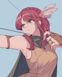 Rule 34 | 1girl, absurdres, archery shooting glove, armpits, blue background, bow (weapon), bowmaster (maplestory), braid, cloak, drawing bow, feather hair ornament, feathers, gloves, green cloak, green eyes, hair ornament, highres, holding, holding bow (weapon), holding weapon, jewelry, long hair, maplestory, orangewink, partially fingerless gloves, red hair, ring, solo, weapon