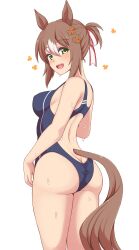 Rule 34 | 1girl, absurdres, animal ears, ass, brown hair, butt crack, fine motion (umamusume), hair between eyes, hakutaqanta, highres, horse ears, horse girl, horse tail, looking at viewer, open mouth, simple background, smile, solo, tail, tracen swimsuit, tracen training uniform, umamusume, white background