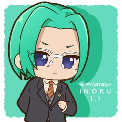Rule 34 | 1boy, black jacket, blazer, blue eyes, border, character name, chibi, chii (chi pppuri), closed mouth, collared shirt, commentary request, diagonal-striped clothes, diagonal-striped necktie, drop shadow, glasses, green background, green hair, happy birthday, jacket, long sleeves, looking at viewer, male focus, necktie, omega inoru, outside border, parted bangs, pretty series, shirt, short hair, solo, standing, striped clothes, upper body, waccha primagi!, white-framed eyewear, white border, white shirt
