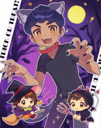 Rule 34 | 1girl, 2boys, :d, alternate costume, animal ears, bat (animal), black nails, blush, broom, broom riding, brown eyes, brown hair, chibi, claw pose, collar, collarbone, commentary request, creatures (company), eyelashes, fake horns, fang, fang out, game freak, gloria (pokemon), halloween, hat, highres, holding, holding wand, hood, hood up, hop (pokemon), horns, moon, multiple boys, nail polish, nintendo, open mouth, pants, pokemon, pokemon swsh, polearm, shirt, smile, sparkle, tail, teeth, tongue, trick or treat, trident, victor (pokemon), wand, weapon, wings, witch hat, yamunashi