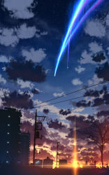 Rule 34 | building, cityscape, cloud, cloudy sky, commentary, gradient sky, highres, kimi no na wa., lens flare, no humans, outdoors, power lines, scenery, shooting star, sky, sparkle, star (sky), starry sky, sunset, tree, utility pole, vinci v7