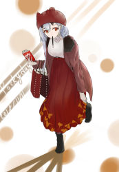 Rule 34 | 1girl, adjusting clothes, adjusting shoe, bag, brown coat, coat, commentary request, dated, fate/grand order, fate (series), food, hair between eyes, hat, highres, horns, horns through headwear, icebell (kourisuzuu), leaning forward, long hair, long skirt, looking at viewer, mouth hold, oni horns, open clothes, open coat, pocky, pocky day, red eyes, red skirt, shirt, silver hair, skirt, solo, tomoe gozen (fate), white shirt