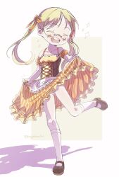 Rule 34 | apron, bare shoulders, blush, bow, brown footwear, closed eyes, clothes lift, collarbone, corset, dress, dress lift, glasses, hair bow, happy, highres, kingjoshua, lifting own clothes, made in abyss, mary janes, open mouth, orange bow, orange dress, panties, pantyshot, puffy short sleeves, puffy sleeves, red ribbon, ribbon, riko (made in abyss), round teeth, shadow, shoes, short sleeves, smile, socks, standing, standing on one leg, star (symbol), striped clothes, striped dress, teeth, twintails, twitter username, underwear, vertical stripes, waist apron, white socks