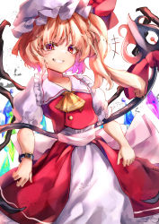 Rule 34 | 1girl, absurdres, arm belt, ascot, bat (animal), blonde hair, bow, calpis118, center frills, collarbone, collared shirt, cowboy shot, crystal, flandre scarlet, frilled shirt collar, frilled skirt, frills, hat, highres, laevatein (touhou), leaning back, looking at viewer, medium hair, mob cap, puffy short sleeves, puffy sleeves, rainbow order, red bow, red eyes, red skirt, red vest, shirt, short sleeves, side ponytail, skirt, skirt set, smile, solo, touhou, vest, white background, white hat, white shirt, wings, yellow ascot
