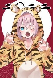 Rule 34 | 2022, animal ears, animal hood, blue eyes, chinese zodiac, drawstring, fang, full moon, highres, hood, kantai collection, looking at viewer, moon, new year, one eye closed, open mouth, pink hair, shiranui (kancolle), short hair, solo, tiger ears, tiger hood, u yuz xx, year of the tiger