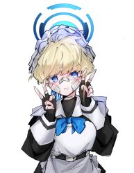 Rule 34 | 1girl, apron, bandaid, bandaid on face, black gloves, black shirt, black skirt, blonde hair, blue archive, blue bow, blue bowtie, blue eyes, blue halo, bow, bowtie, bruise, bruise on face, double v, expressionless, fingerless gloves, gloves, halo, highres, injury, juliet sleeves, layered skirt, long sleeves, looking at viewer, maid, maid apron, maid headdress, puffy sleeves, shirt, short hair, simple background, skirt, solo, tactical maid, toki (blue archive), unconventional maid, upper body, v, vivo (vivo sun 0222), white apron, white background