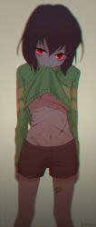 Rule 34 | androgynous, arms at sides, artist name, bandaid, bandaid on leg, brown hair, chara (undertale), clothes in mouth, clothes lift, dayuh, expressionless, eyelashes, gender request, gradient background, hair between eyes, highres, lifting own clothes, long sleeves, looking at viewer, midriff, mouth hold, navel, red eyes, scar, shorts, solo, spoilers, standing, stomach, striped clothes, striped sweater, sweater, sweater lift, undertale