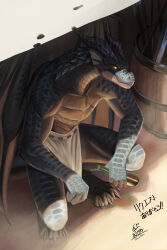 Rule 34 | absurdres, artist name, barrel, black horns, bottle, commission, dragon, furry, highres, holding, holding bottle, horns, ikasamahideo, loincloth, looking at viewer, original, pixiv commission, slav squatting, squatting, western dragon, yellow eyes