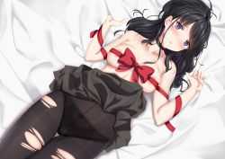 Rule 34 | 1girl, absurdres, areola slip, bed sheet, black bow, black choker, black hair, black panties, black pantyhose, black skirt, blush, bow, bow panties, breasts, breasts apart, choker, clothes lift, collarbone, commentary request, crotch seam, gusset, haruto (nyannzou789), highres, lace, lace-trimmed panties, lace trim, long hair, lying, medium breasts, mole, mole under mouth, on back, on bed, original, panties, pantyhose, parted lips, red bow, sheet grab, skirt, skirt lift, solo, thigh gap, topless, torn clothes, torn pantyhose, underwear, upskirt