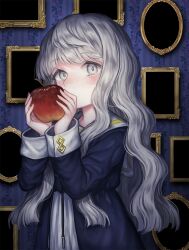 Rule 34 | 1girl, apple, blue dress, blush, covered mouth, dress, empty picture frame, food, fruit, highres, holding, holding food, holding fruit, kiritani846, long hair, original, picture frame, solo, wallpaper (object), wavy hair, white dress, white eyes, white hair