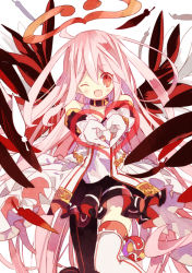 Rule 34 | 10s, 1girl, ;d, eve (merc storia), halo, heart, heart hands, long hair, looking at viewer, merc storia, one eye closed, open mouth, original, phoenix0, pink eyes, pink hair, smile, solo, wings